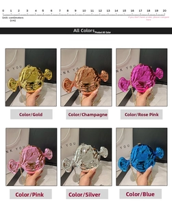Detail of candy-shaped acrylic evening bags in six metallic colors with chain straps