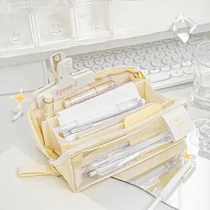 Large capacity yellow pencil case with three pockets and transparent PVC window