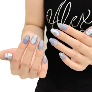 Short ice-blue cat-eye press-on nails with marble texture and pearl accents