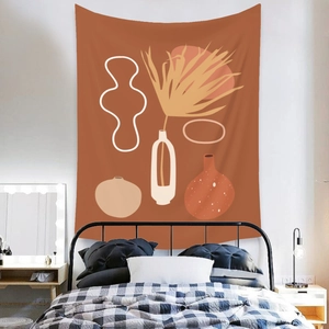 Modern abstract boho wall tapestry with terracotta vases and geometric plants in bedroom
