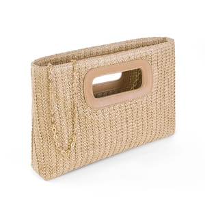 Women's straw woven clutch bag with natural khaki texture and detachable gold chain strap