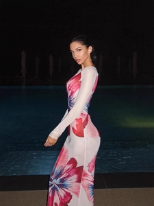 Sexy floral print mesh long sleeve bodycon dress with vibrant pink and blue flower patterns