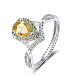 Waterdrop Yellow Zirconia Open Ring For Women Elegant Korean Style Inlaid Adjustable Copper Finger Ring Fashion Jewelry