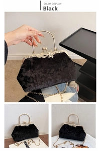 Detail of black velvet evening bag with gold circular handle and diamond floral clasp
