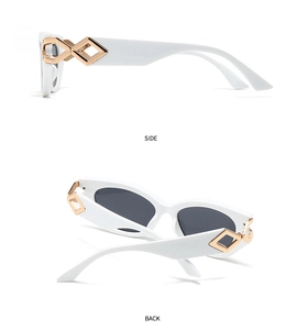 Side and back views of white cat eye sunglasses with gold geometric temple accents