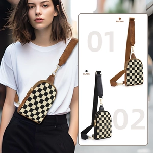 Sac De Poitrine Pour Femmes En Cuir PU À Motif Damier Sac À Bandoulière Banquette Multifonctionnel Petit