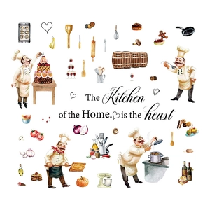 Self-adhesive PVC kitchen wall sticker with chef motifs and watercolor cooking elements