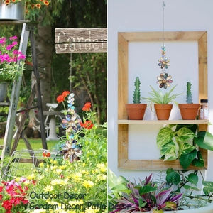 Crystal flower suncatcher hanging in a lush garden and patio for outdoor decoration