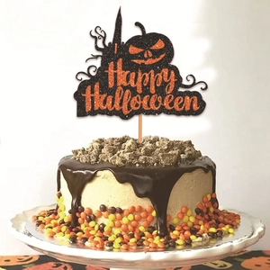 Sparkly Happy Halloween cake topper in orange and black glitter for party decoration