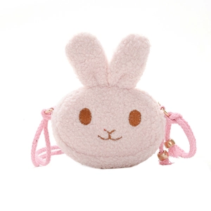 Cute pink plush rabbit crossbody bag for kids with woven strap on white background