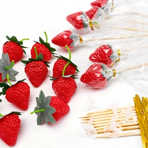 DIY kit with realistic red strawberries, wooden skewers and golden ties for flower bouquets