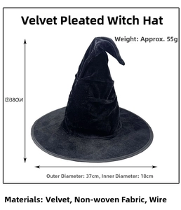 Detail of black velvet witch hat with dimensions 38cm height and 37cm brim diameter