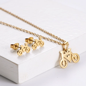 Bicycle Pendant Necklace And Stud Earrings 18K Gold Plated 316 Stainless Steel Minimalist Dainty Jewelry For Women Kids
