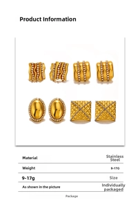 Detail view of gold-plated stainless steel earrings set with zircon stones and textures