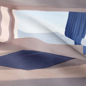 Detail shot of navy blue bohemian tapestry with premium textured diamond pattern