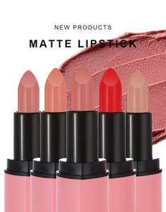 Five matte lipsticks with black and pink tubes shown against a red textured backdrop