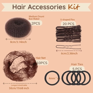 Hair styling kit including bun makers, hair nets, U-pins and ties with measurements