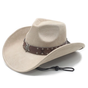 Beige western cowboy hat in suede with star studs and adjustable chin strap