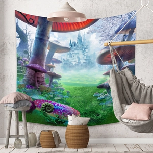 Detail of bohemian mushroom tapestry with colorful fantasy castle and grass pattern