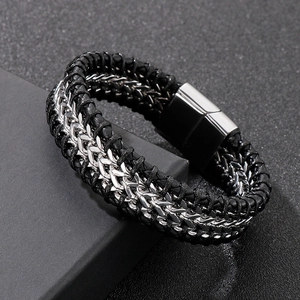 Men Braided Leather Bracelet With Stainless Steel Chain Inset Punk Retro Style Magnetic Clasp Biker Jewelry Gift