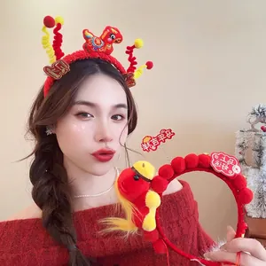 Red plush festive headband with dancing lion and Chinese characters for New Year party
