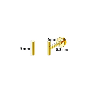 Detailed view of 5mm gold T-shaped flat back stud earring with 6mm needle length