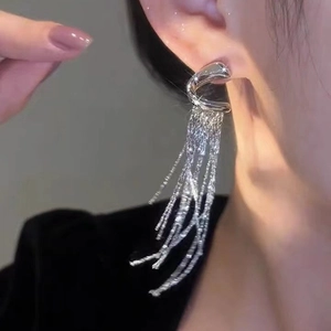 Elegant silver long tassel geometric earrings with shiny metallic drop chains for women