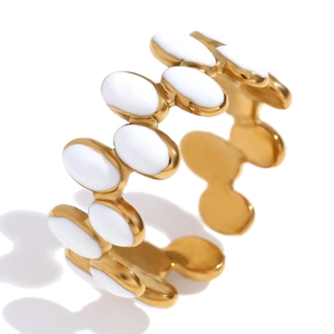 18K gold plated stainless steel open ring with white enamel oval inlay design
