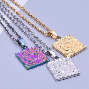 Square stainless steel 18k gold plated pendants with abstract wave relief on O-chains
