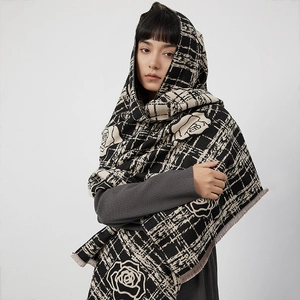 Elegant plaid scarf for women with large floral camellia pattern and fringe edge details