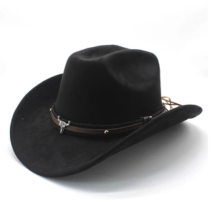 Black wool felt western cowboy hat with leather band and metal bull head ornament