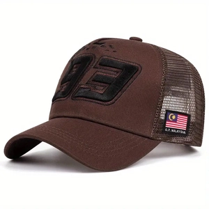 Detail of embroidered number 93 and Malaysian GP flag on brown mesh trucker cap