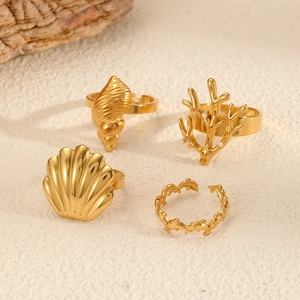 Seashell Conch Dolphin Coral Ring Stainless Steel Adjustable Open Band Ocean Jewelry For Women