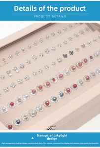 Detail of jewelry box with glass window and soft velvet slots for earrings and studs