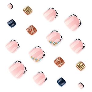Set of 3D luxury press-on toenails featuring pink leopard print and gold rhinestones