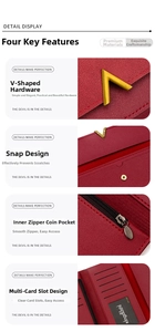 Detail view of red PU leather wallet showing metal V-buckle, card slots and zipper pocket