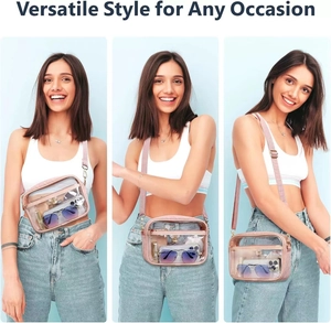 Pink PVC transparent crossbody bag with adjustable strap and internal storage capacity