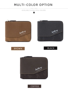 Short men's zipper wallets in brown, black, and coffee color options