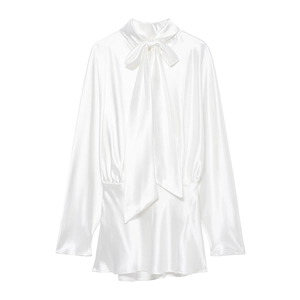 Abito Midi In Raso Da Donna Manica Lunga Con Fiocco Al Collo Mezzo Dolcevita Elegante Pieghettato Tinta Unita