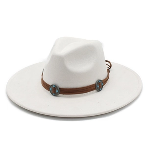 Detail of ivory wide brim felt hat with turquoise stone studded brown leather band