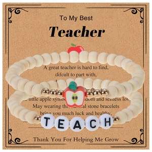 Wood Bead Bracelets With Acrylic Letters And Alloy Apple Charm Teacher Appreciation Graduation Thanksgiving Gift