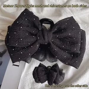 Black mesh double-sided butterfly hair claw clip with rhinestones for elegant styling