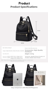 Oxford fabric backpack size guide showing dimensions and A4 magazine compatibility