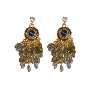 Bohemian gold tassel earrings with dark blue gemstone and dangling beaded fringes