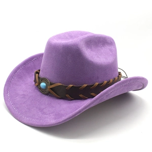 Close-up of suede cowboy hat featuring woven leather band and turquoise stone detail