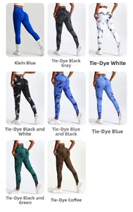 Collection of high-waist seamless yoga pants shown in 8 various tie-dye color options
