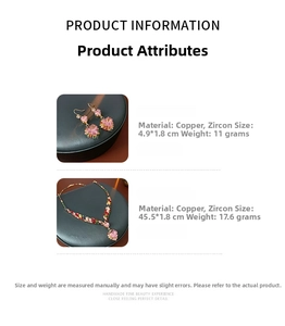 Detailed view of pink heart zircon necklace and earring set with size measurements