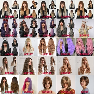 Detailed catalog showing long wavy synthetic wigs in various colors and styles