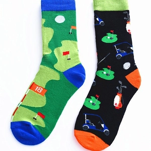 Men's cotton crew socks featuring mismatched creative golf patterns and vibrant colors