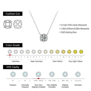 1.00 Carat cushion cut D color VVS1 moissanite necklace in S925 sterling silver